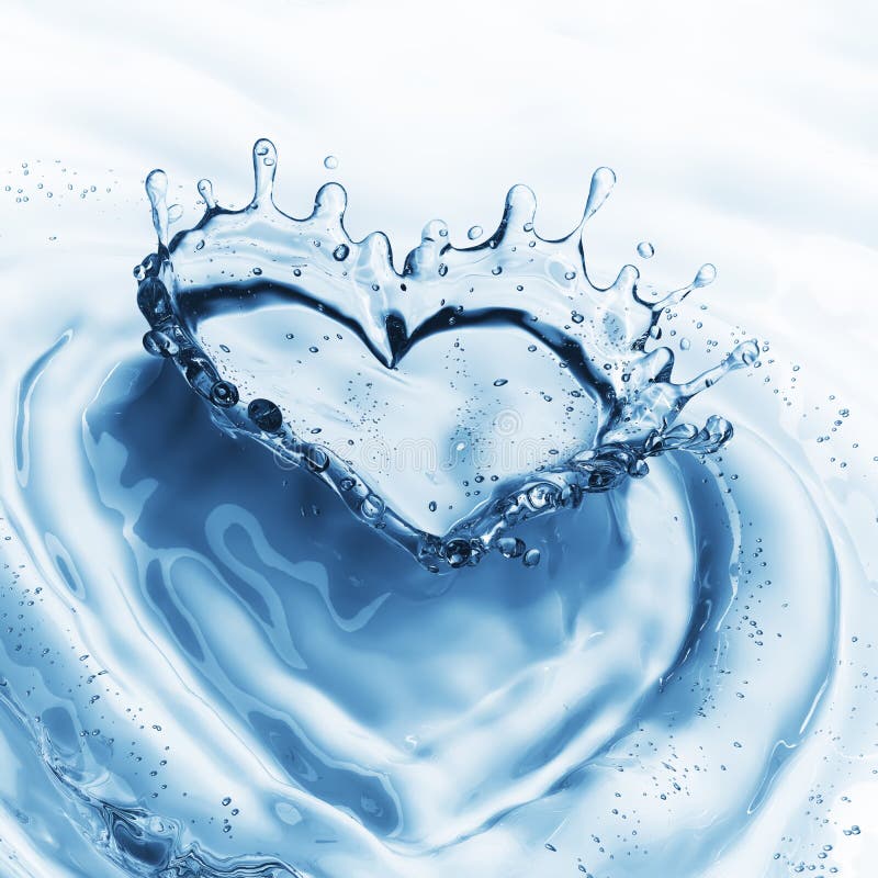 Heart from Water Splash with Bubbles on Blue Water Background Stock