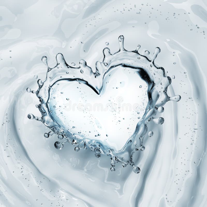Heart from Water Splash with Bubbles on Blue Water Background Stock