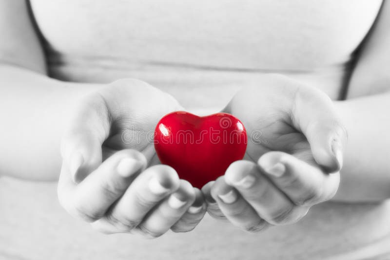 Heart in woman hands. Love giving, care, health, protection.