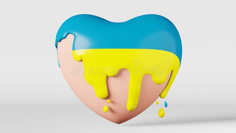 Heart yellow blue paint splash melting glossy Ukrainian flag glaze 3d animation white background isolate Support Ukraine