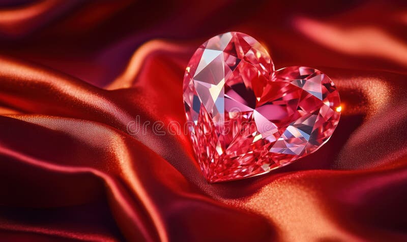 Heartformad ruby-gemstone på bakgrunden till luxuriöst rött satin royaltyfria foton