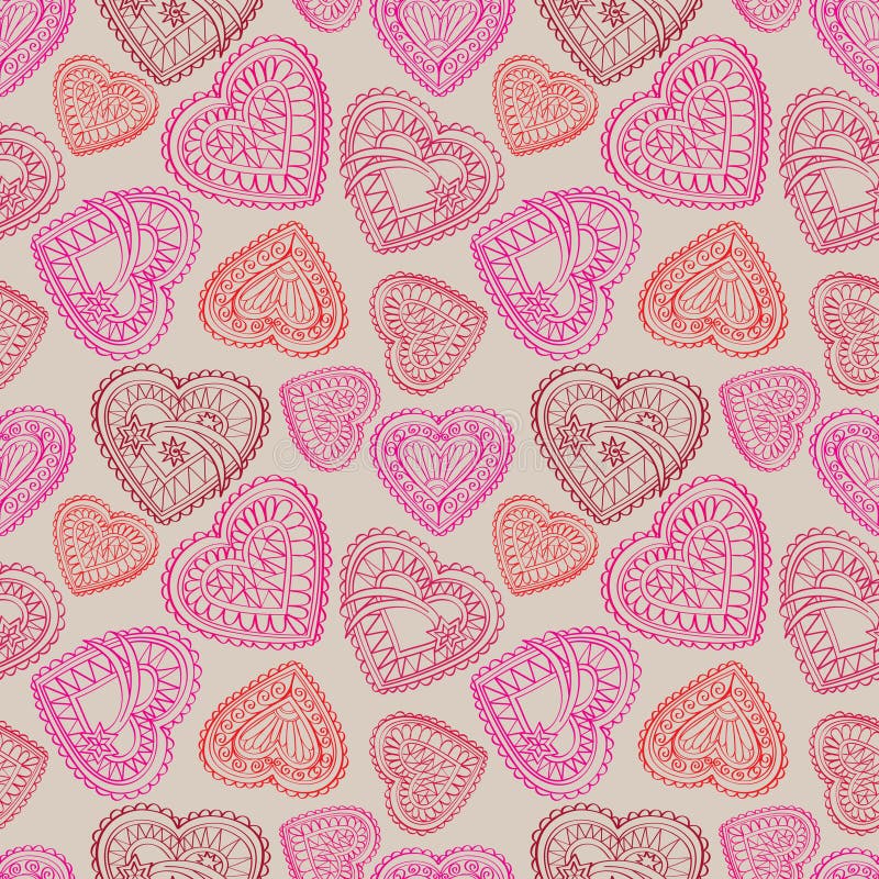 Hearts flowers and birds seamless background. Love retro texture.