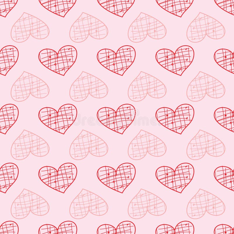 Hearts with Grid pattern inside, pink and red rows of hearts, seamless vector repeat