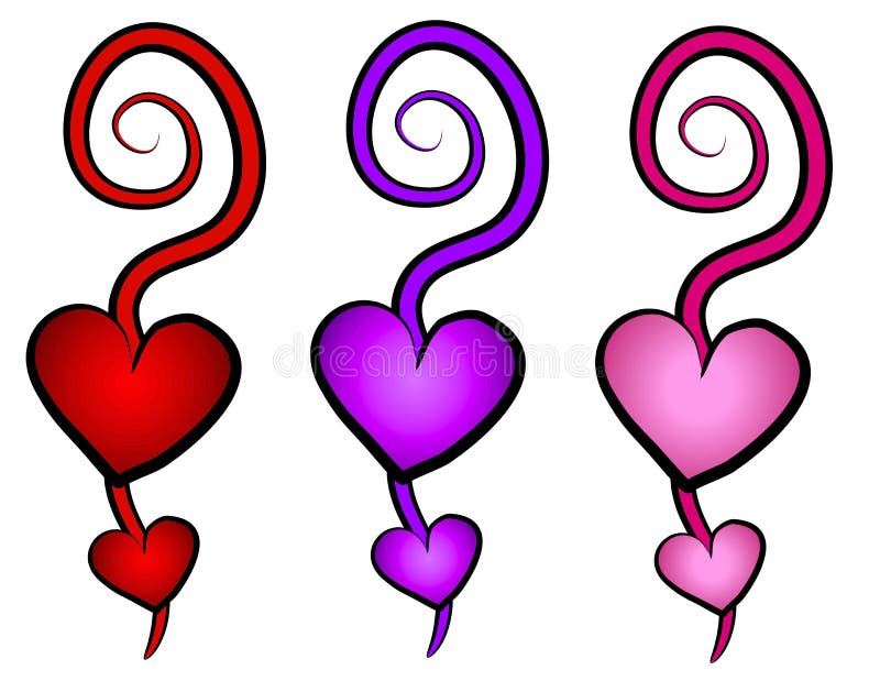 Hearts Swirls Clip Art Icons. A clip art illustration of a group of 3 decorative abstract hearts with swirling designs in purple, red and pink vector illustration