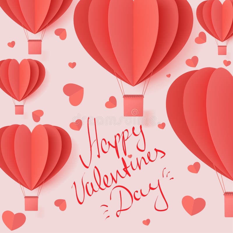 Happy valentines day typography vector illustration design with paper cut red heart shape origami made hot air balloons flying in vector illustration Happy valentines day typography vector illustration design with paper cut red heart shape origami made hot air balloons flying in vector illustration