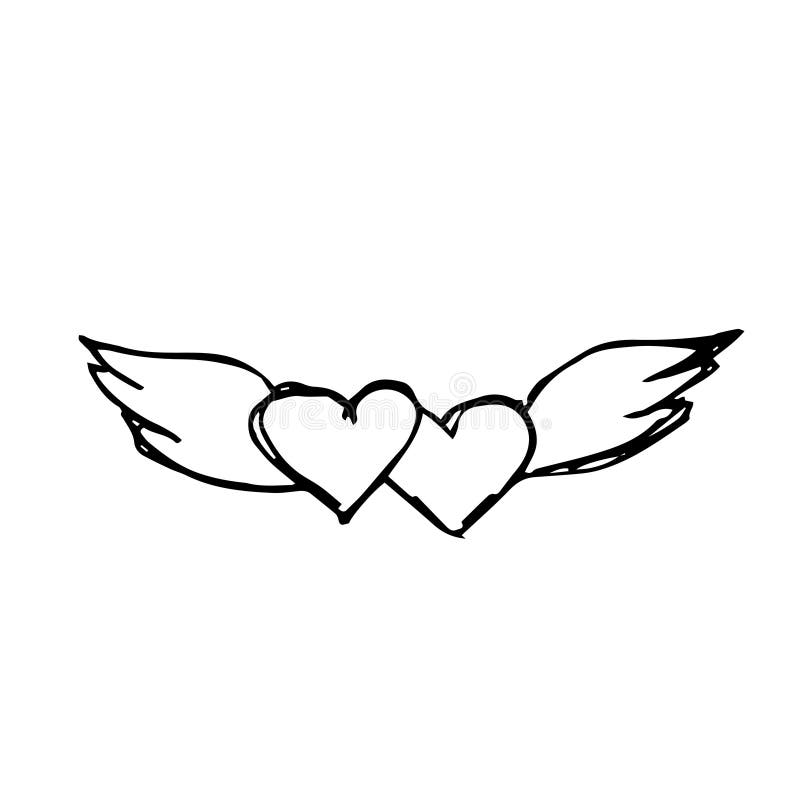Hearts with Wings. Hand Drawing Sketch for Valentine`s Day. Black ...