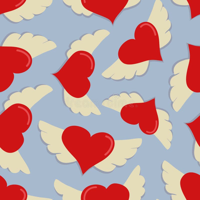 Hearts with wings vector seamless pattern on blue background. stock illustration Hearts with wings vector seamless pattern on blue background. stock illustration