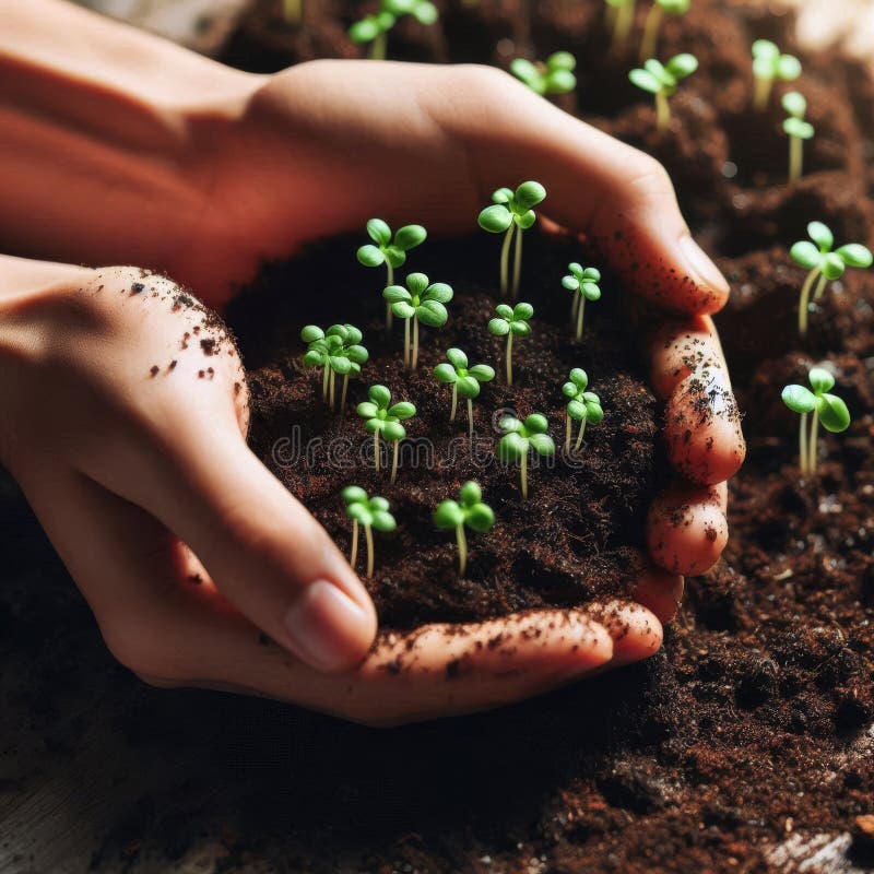 A Baby Plants a Sapling. Hand Urine Baby Plants Growing in Germination
