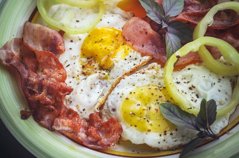 A Hearty Breakfast of Scrambled Eggs with Bacon and Green Basil Stock