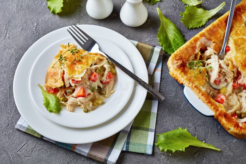 Hearty Chicken Pot Pie on a plate royalty free stock photo.