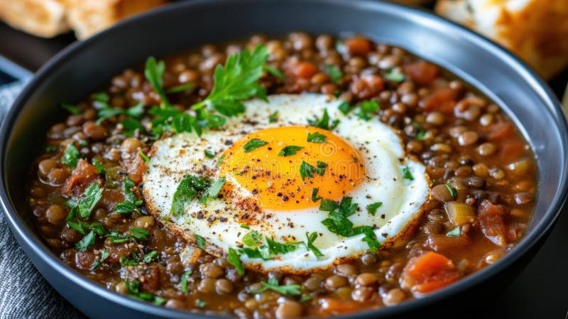 Hearty Lentil Eintopf mit gebratenem Ei und frischer Petersilie in schwarzer Schüssel lizenzfreie abbildung