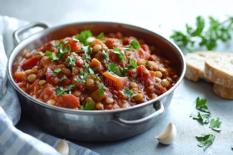Hearty Lentil Eintopf mit gewürztem Gemüse und frischer Petersilie in einer Metallschale auf einer strukturierten bläulichen Oberf stock abbildung