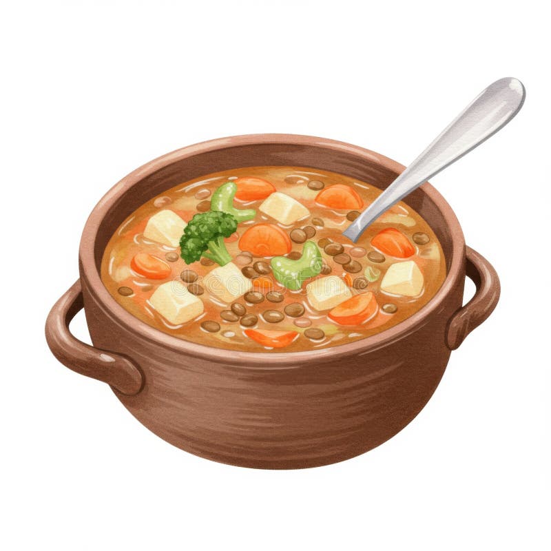 Hearty Lentil Gemüsesuppe in Brown Clay Pot vektor abbildung