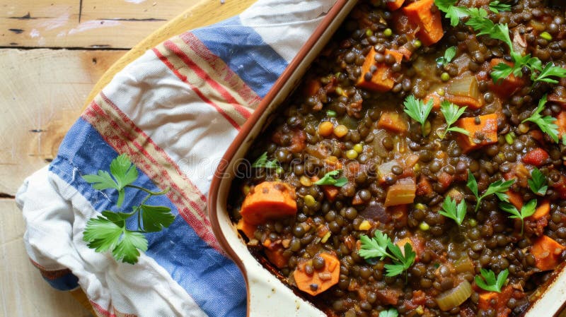 Hearty lentil mit Gemüse und frischen Kräuter auf rustikalem Holztisch lizenzfreie abbildung