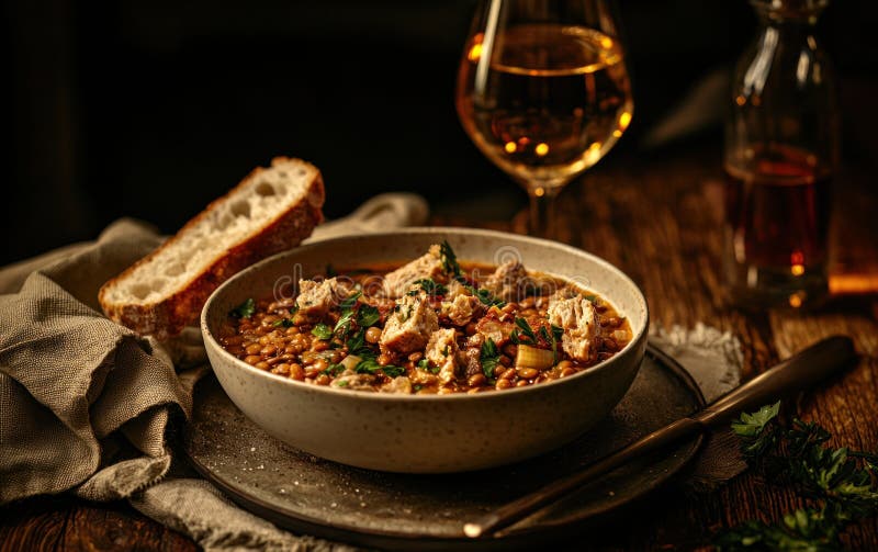 Hearty Lentil Stew mit Crusty Brot und Wein lizenzfreie abbildung