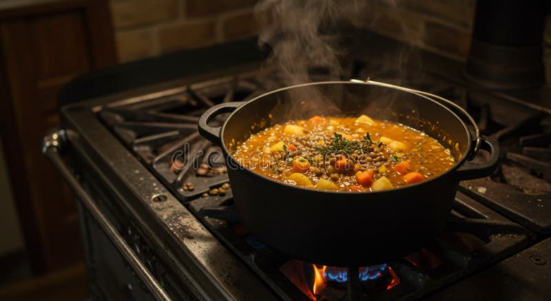 Hearty Lentil Stew Simmering in Gusseisen auf Rustikalem Stove stock abbildung