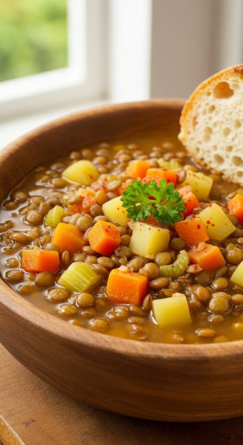 Hearty Lentil Suppe mit Karotten und Kartoffeln in Holzschüssel lizenzfreie abbildung