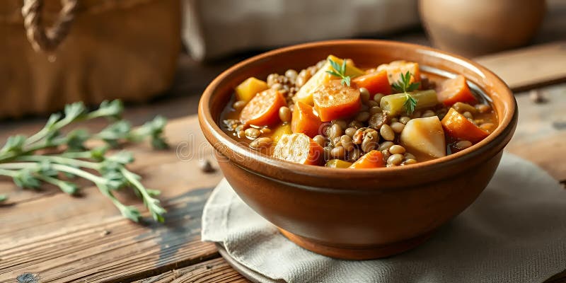 Hearty Lentil und Gemüsesauge in rustikaler Bowl warme Erdsonne Autumnal Food Fotografie lizenzfreie abbildung