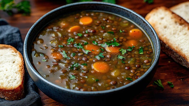 Hearty Linsensuppe mit frischen Kräuter in einer Schüssel serviert stock abbildung
