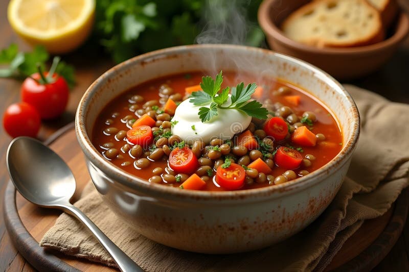 Hearty Linsensuppe mit frischen Tomatenkarotten und cremigem Keksen in einer rustikalen Schüssel stock abbildung