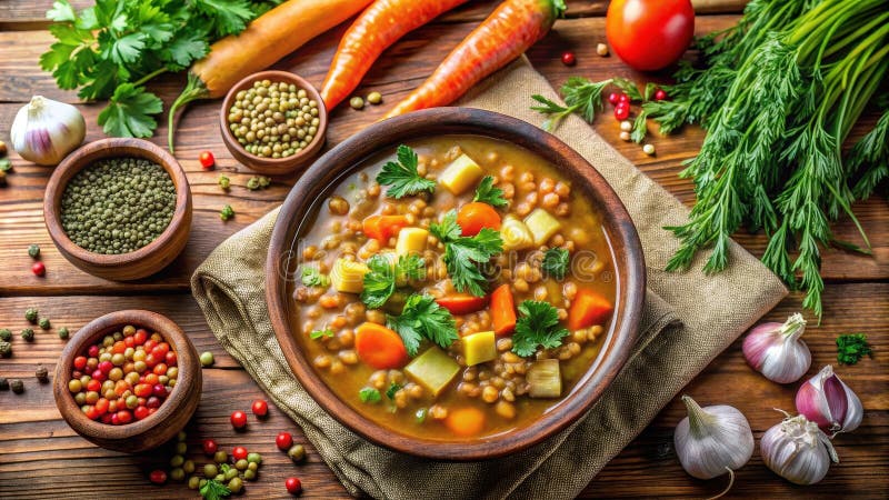 Hearty Linsensuppe mit Wurzelgemüse und frischen Kräuter in rustikaler Schüssel. Generative AI vektor abbildung