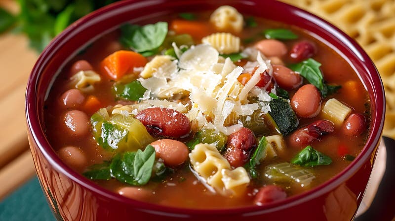 Hearty minestrone soppa med bönpasta och grönsaker royaltyfri illustrationer