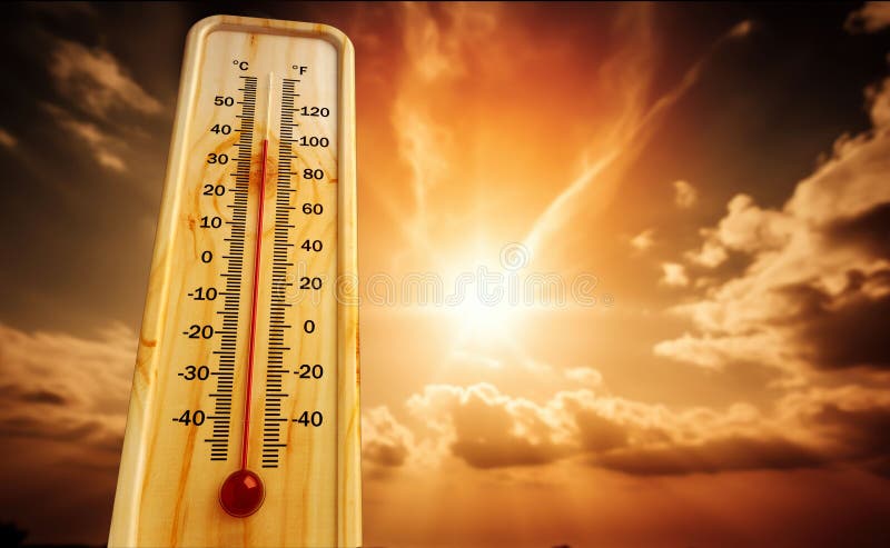 The thermometer outside the window shows a very hot air temperature, heated  by the rays Stock Photo by skaron2022