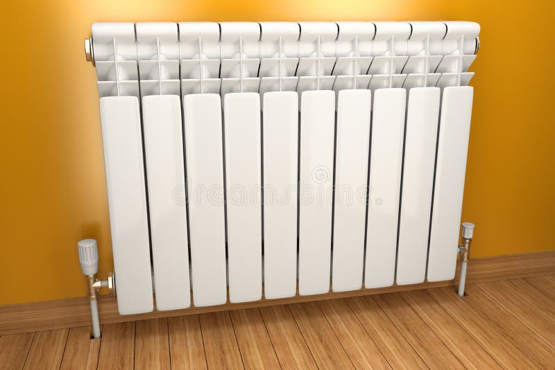 Heater Radiator on Yellow Wall in House. 3d Stock Illustration