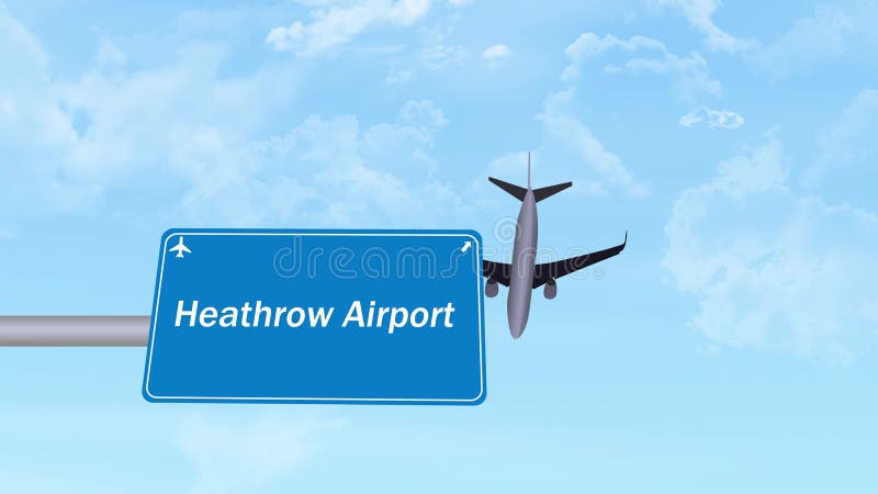 Heathrow Airport London Plane Passing over the signboard 4K Footage Backdrop. Famous airport signboard with plane animation