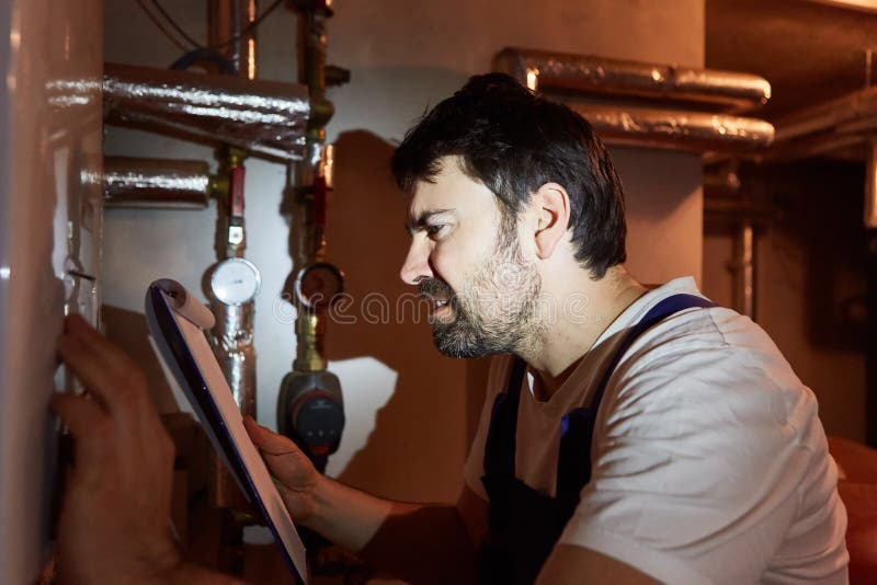 Installer with Checklist for Maintenance of the Gas Heating Stock Photo