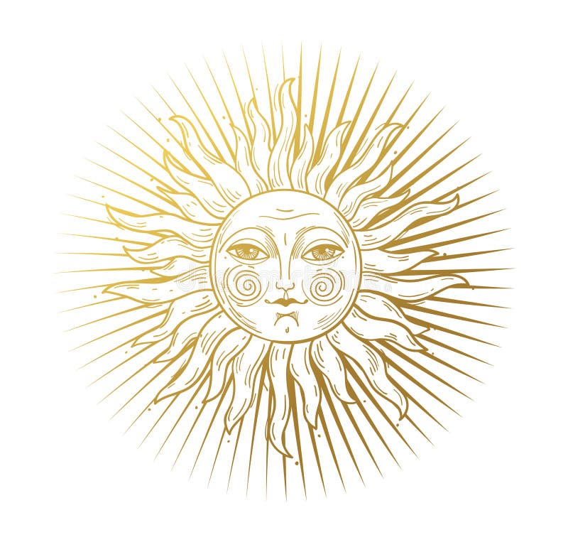 Heaven illustration, stylized vintage design, sun with face, hand drawing, engraving. Mystical design element in boho