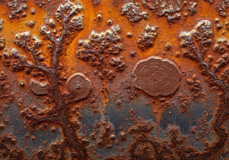 Heavily corroded metal surface displaying intricate rust patterns in shades of orange, brown, and gray. The rust forms tree-like structures and circular shapes resembling growth rings, creating an organic texture. The irregular, raised patches give the surface a rough, textured appearance, showcasing the natural process of oxidation over time. The vibrant variation of colors highlights the chemical reactions occurring on the metal's surface. This illustrates both the beauty and degradation caused by rusting. Rust shades illustrations