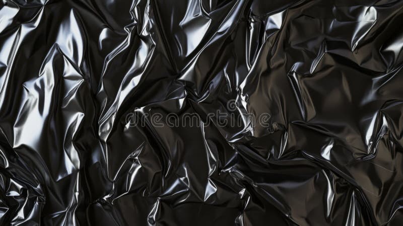 A heavily wrinkled black plastic poster with deep creases running across the surface. The glossy stock image
