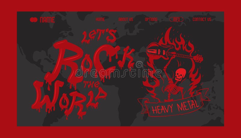 Heavy metal band website design, vector illustration. Hand drawn skeleton with guitar on fire. Hard rock music world