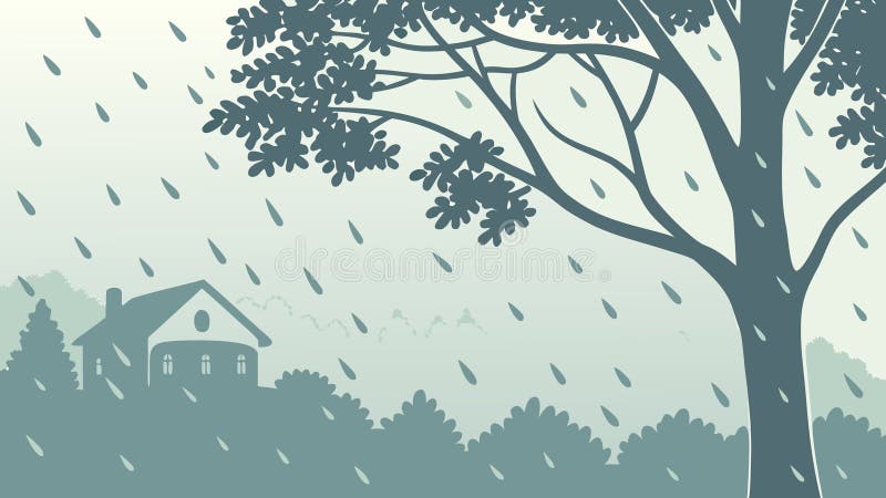Heavy Rain in Forest, Dramatic Nature Weather Vector Illustration, Lush Greenery, vector design Generative AI stock illustration