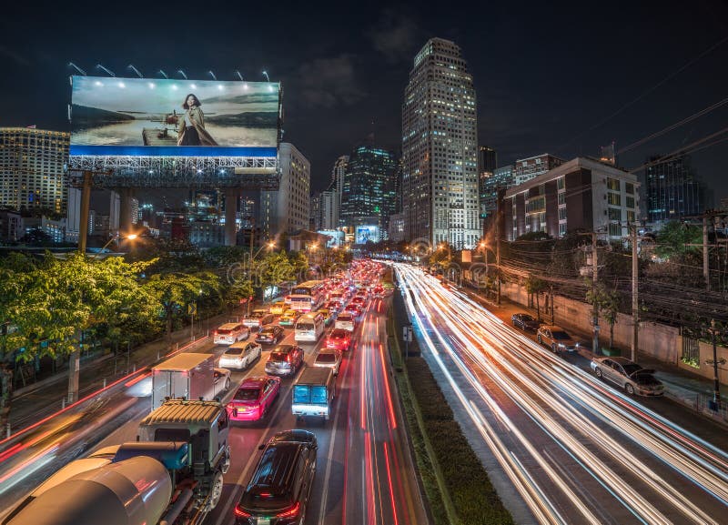 Heavy Traffic in Bangkok, Thailand at Night. Traffic Jam in Big City