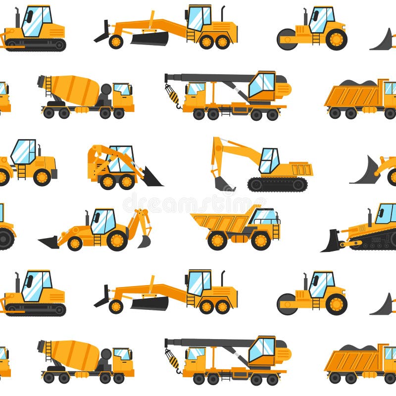 Heavy trucks pattern. Seamless print with construction vehicles and industrial building machinery for earthwork, lifting