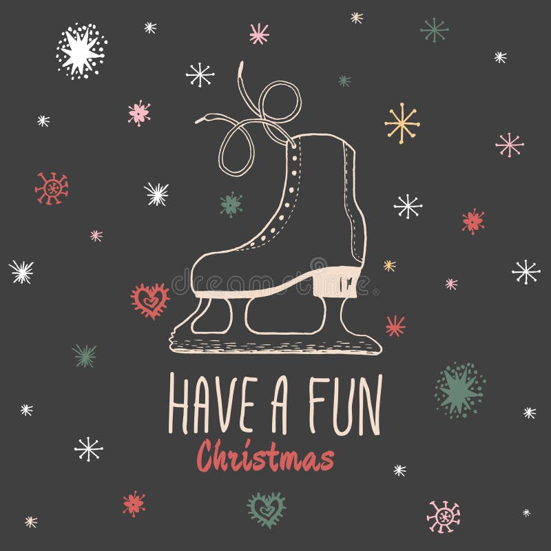 Hebben de Kerstmis uitstekende kaart met met hand getrokken schaatsen en de tekst 'Pretkerstmis' stock illustratie Hebben de Kerstmis uitstekende kaart met met hand getrokken schaatsen en de tekst 'Pretkerstmis' stock illustratie
