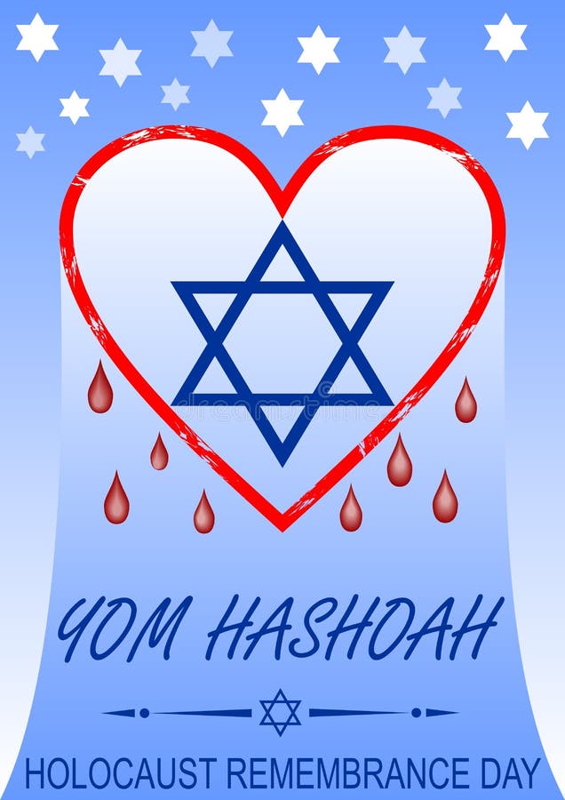 Hebrew Holocaust Day Hebrew text yom hashoah. pliant cu inimă însângerată și simbol David Star. vector illustration