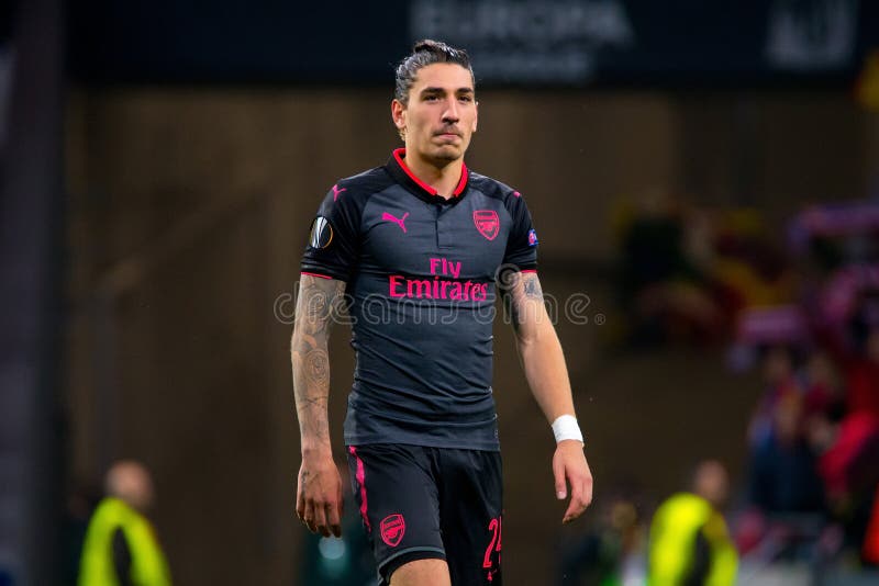 Hector Bellerin plays at the Europa League Semi Final match between Atletico de Madrid and Arsenal. MADRID - MAY 3: Hector Bellerin plays at the Europa League stock images