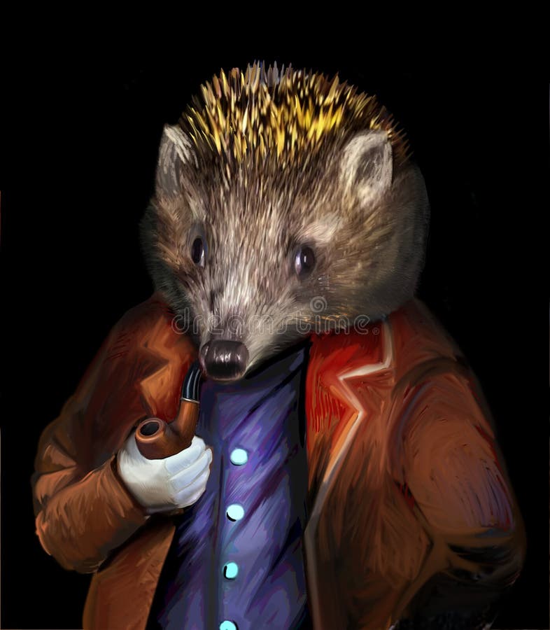 Hedgehog in clothes with a pipe anthropoid animal. 