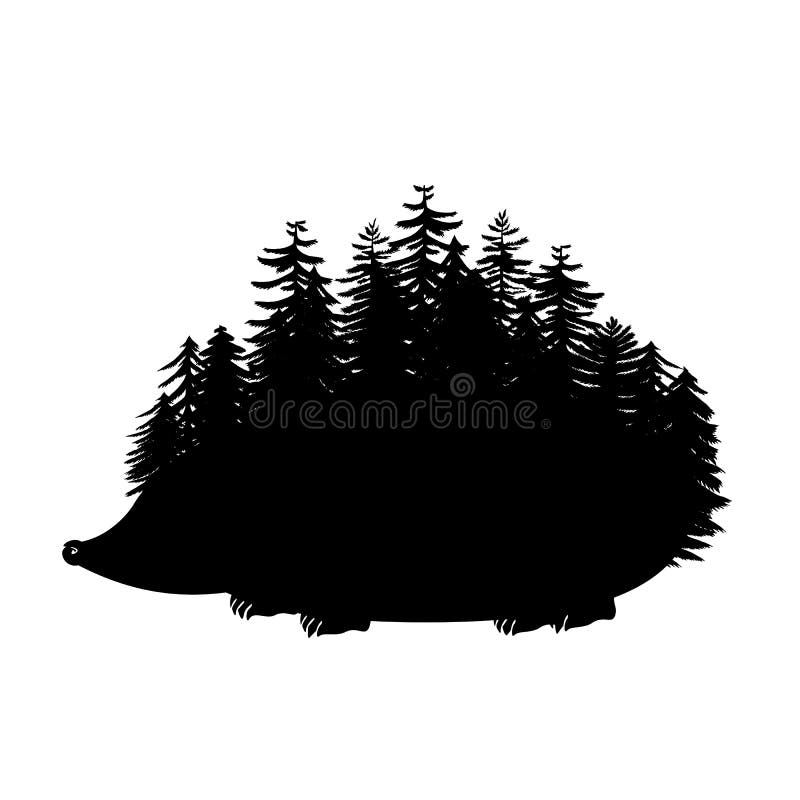 Hedgehog with quills as pine trees silhouette. Spiny forest animal contour vector illustration. Hedgehog with quills as pine trees silhouette. Spiny forest animal contour vector illustration.