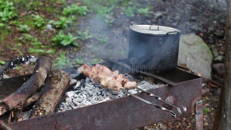 Heerlijk sappig gebraden die vlees op vleespen, enkel op een grill wordt gekookt op potten achtergrondmensen en vakantieconcept d