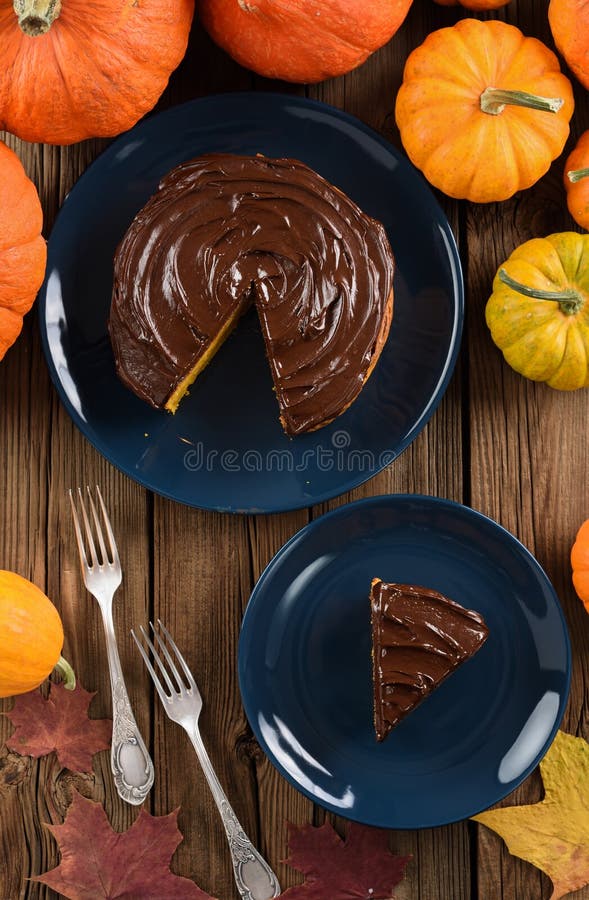 Heerlijke chocoladecake die op donkerblauwe platen met helder wordt gediend royalty-vrije stock foto Heerlijke chocoladecake die op donkerblauwe platen met helder wordt gediend royalty-vrije stock foto