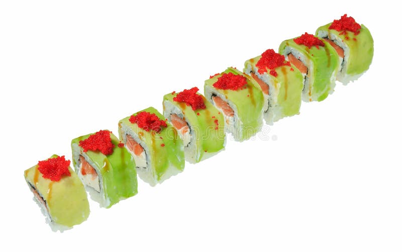 Heerlijke Japanse sushibroodjes met zalm, kaas en rode kaviaar Tobiko Geïsoleerdj op witte achtergrond stock afbeeldingen Heerlijke Japanse sushibroodjes met zalm, kaas en rode kaviaar Tobiko Geïsoleerdj op witte achtergrond stock afbeeldingen