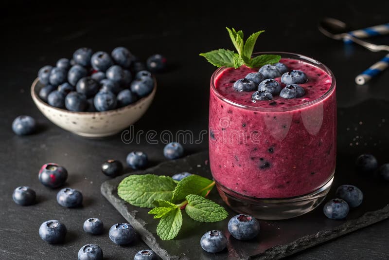 Heidelbeere Smoothi auf schwarzem Hintergrund HDR-Bild generiert durch ai. Heidelbeere Smoothi auf schwarzem HDR-Bild