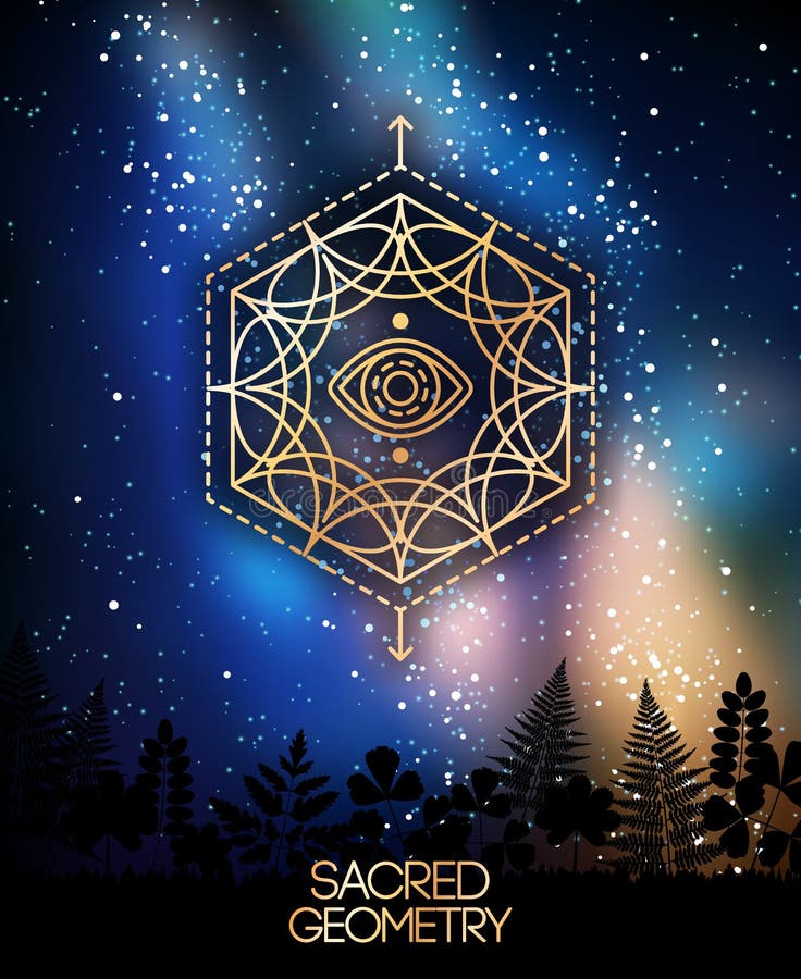Sacred Geometry Emblem with Eye in Hexagon on Shining Milky Way Galaxy Space Background. Vector illustration. Geometric Logo Design. Alchemy Symbol, Occult and Mystic Masonic Sign. Sacred Geometry Emblem with Eye in Hexagon on Shining Milky Way Galaxy Space Background. Vector illustration. Geometric Logo Design. Alchemy Symbol, Occult and Mystic Masonic Sign.