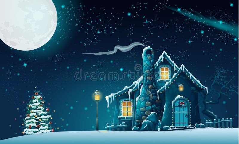 Heilige Nacht mit einem fabelhaften Haus und einem Weihnachtsbaum