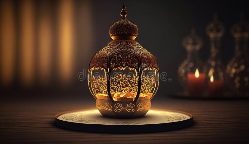 Heiliger Monat des ramadanischen Konzepts. Glühende goldene Lampe auf Holztisch generativen ai stock abbildung