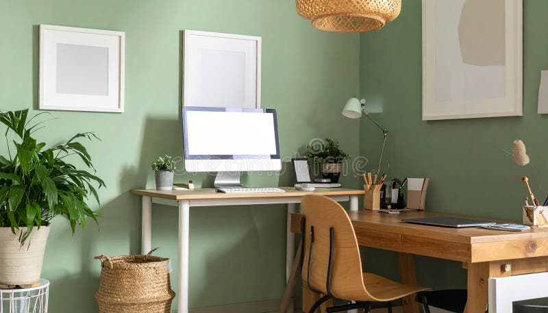 Heimbüro. Heimbüro und Studienecke mit Schreibtisch und Computer aus Holz stock abbildung